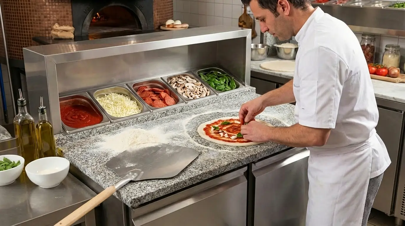 Schéma et dimensions table à pizza réfrigérée 2 portes plan granit