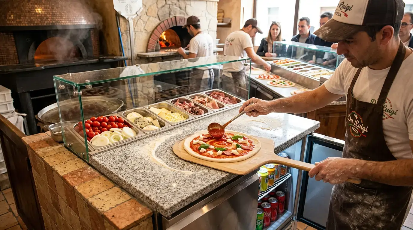 Table à pizza vitrée 2 portes avec plan de travail granit et pare-haleine verre