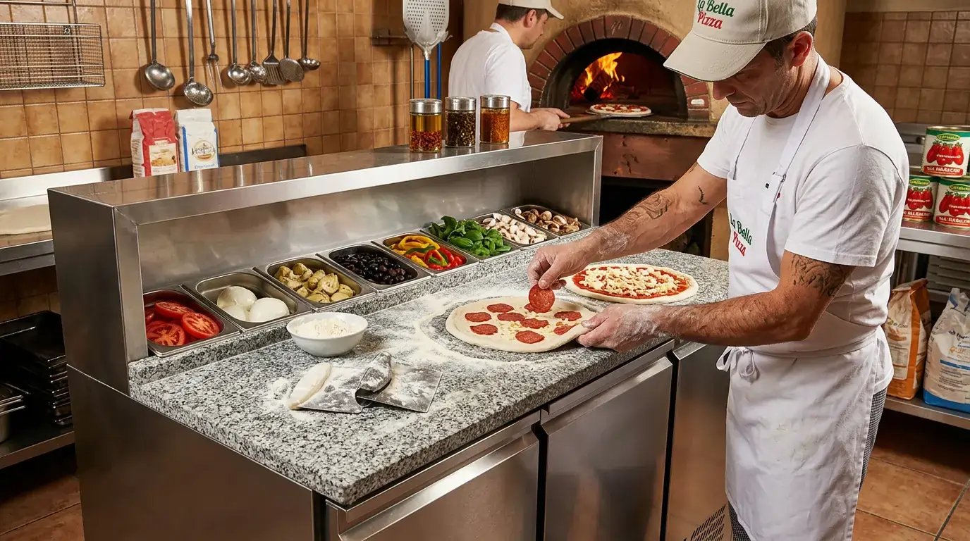 Table à pizza professionnelle 3 portes avec plan de travail granit et couvercle inox